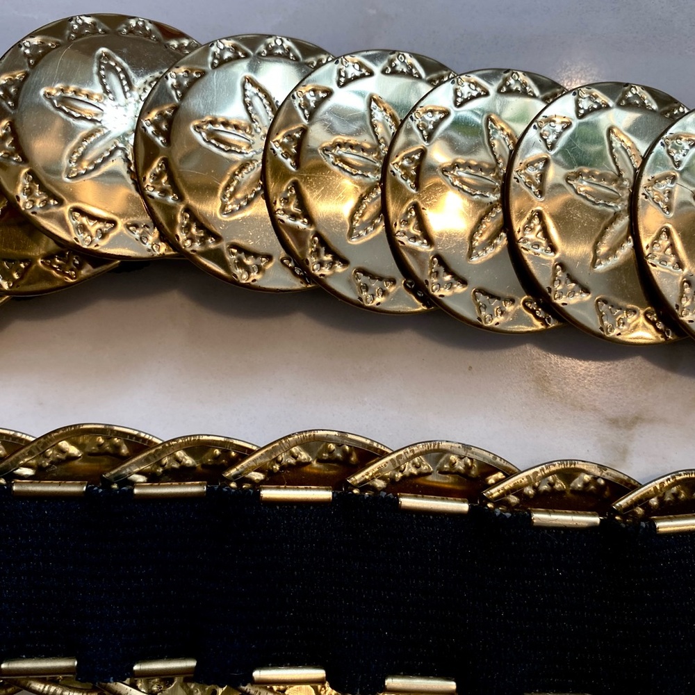 70’s  80’s GOLDTONE Elastic Sand Dollar Medallion Stretch Belt. WOW. Disco